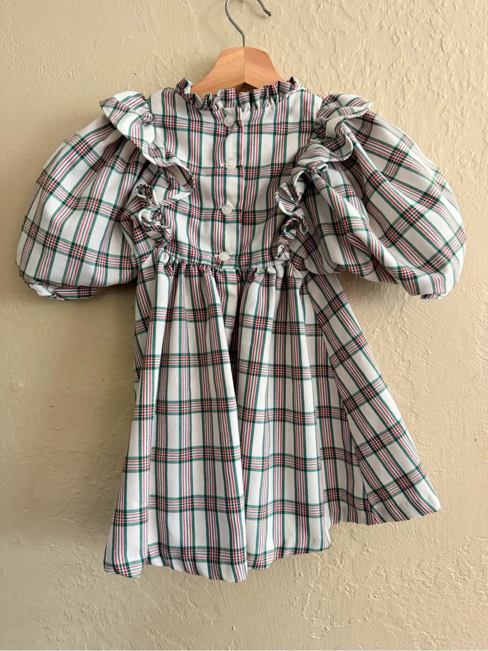 Bonnie Jean Cream Dress with Red & Green Plaid Smocking